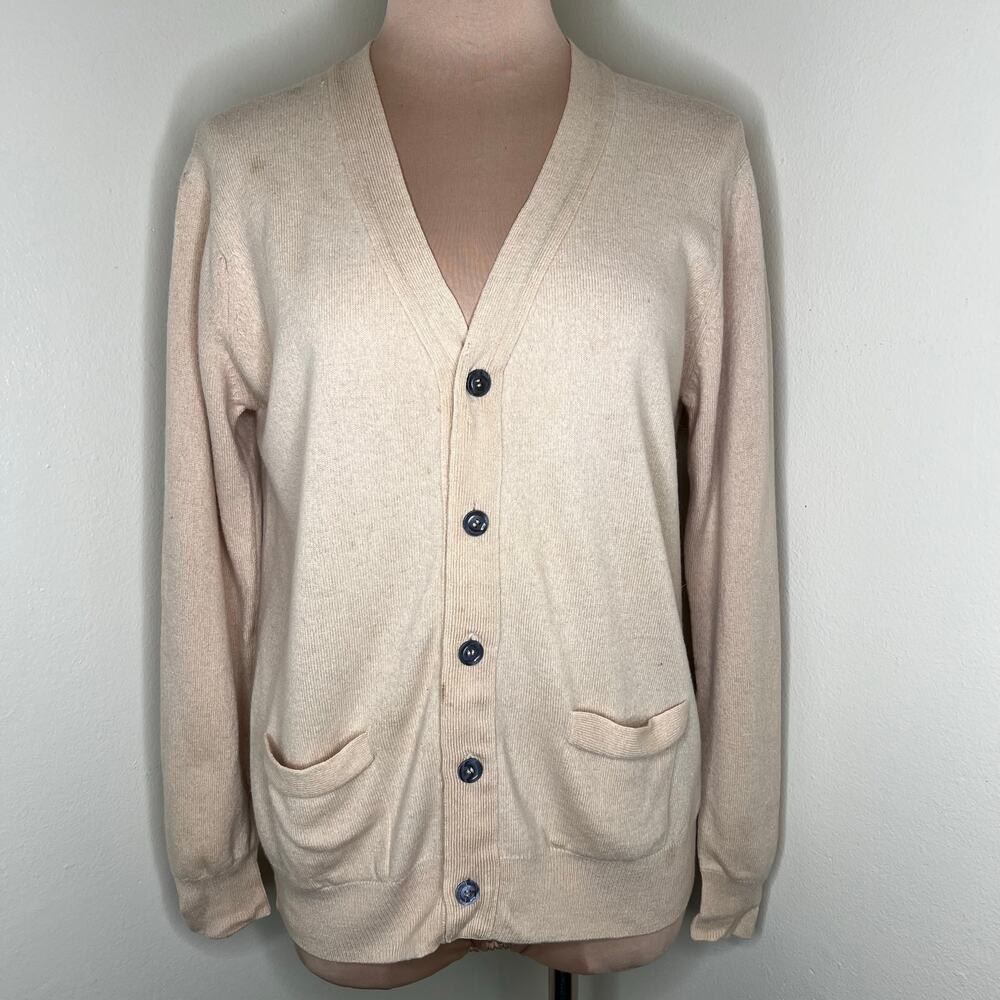 Vtg Panda Cashmere Dad Cardigan Sweater Large Mens Grandpa 80s Knit Beige Golf